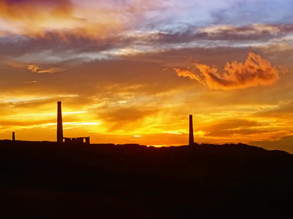 Sunset over Geevor Tin Mine in Cornwall, a great historical Cornish day out.