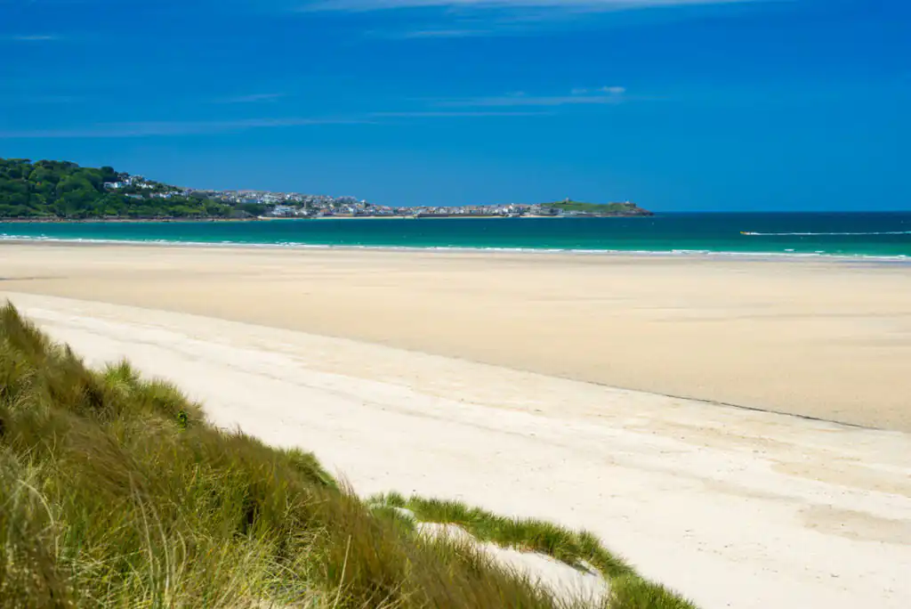 A sunny sandy beach at Porthkidney in Lelant, with a clear blue sky, perfect for dog-friendly outings.