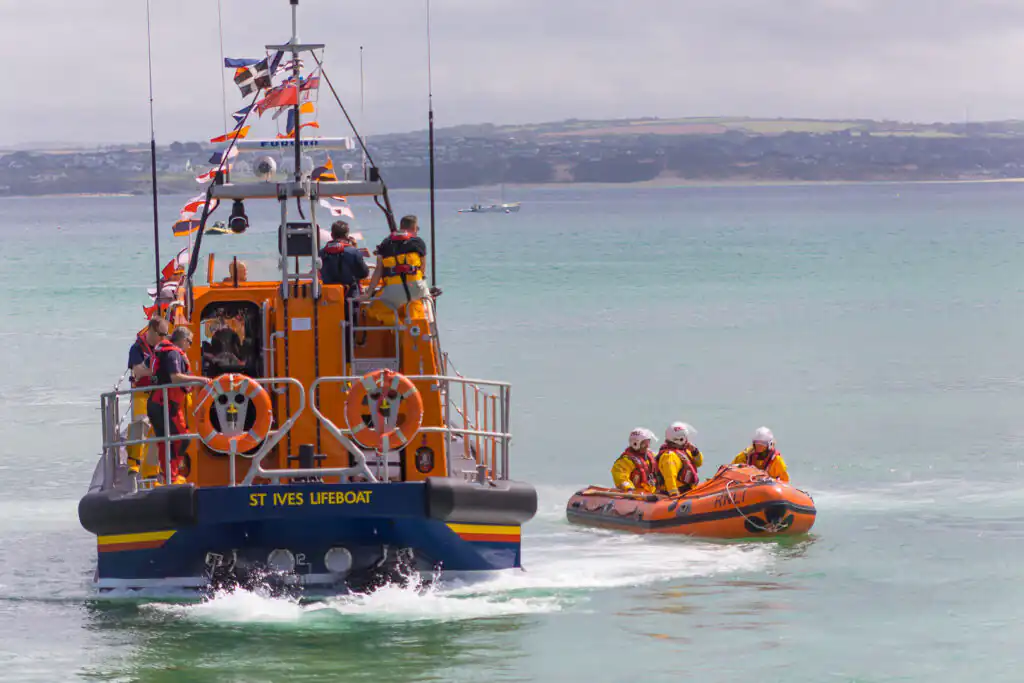 RNLI lifeboat moored in the picturesque St Ives Harbour, Cornwall.