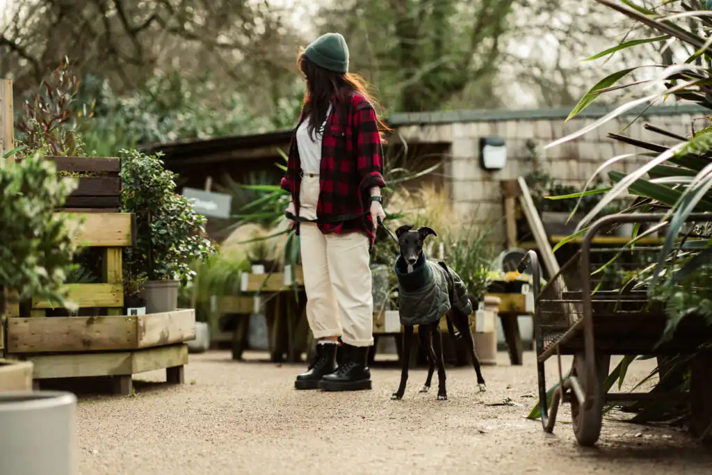 A woman and her dog stroll together in the vibrant garden of the Lost Gardens of Heligan, a dog-friendly attraction in Cornwall.