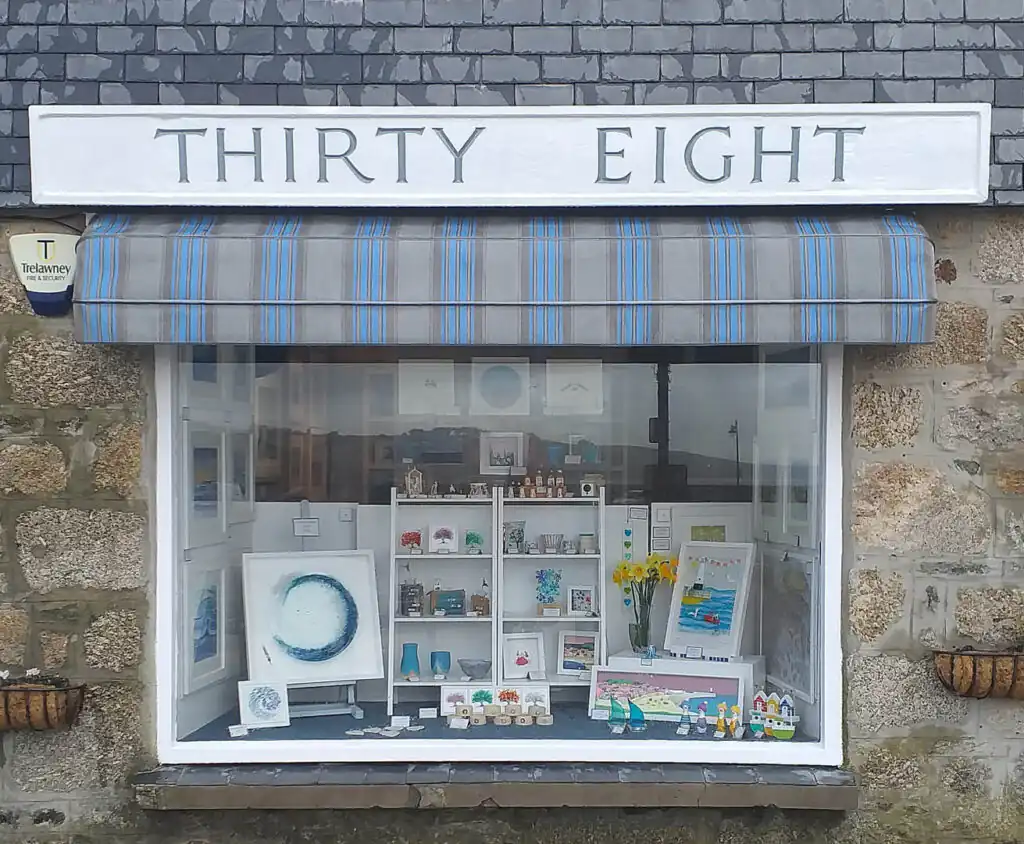 Shop front of Gallery 38 in St Ives, an independent shop in St Ives.