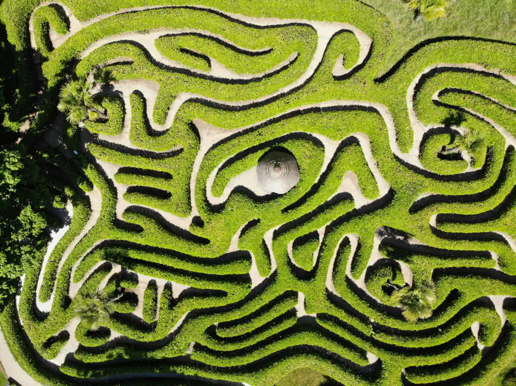 Aerial view of a maze in a field at Glendurgan Garden in Cornwall, surrounded by lush greenery.