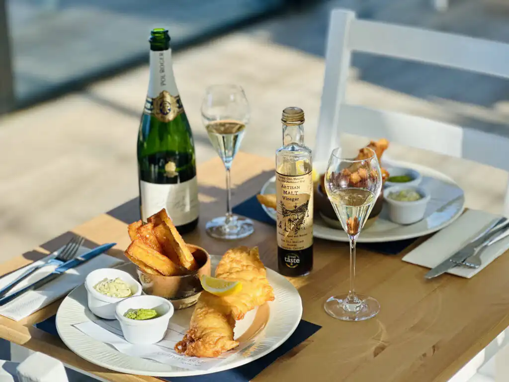 A plate of fish and chips at the Porthminster Beach Cafe, one of the best restaurants in St Ives.