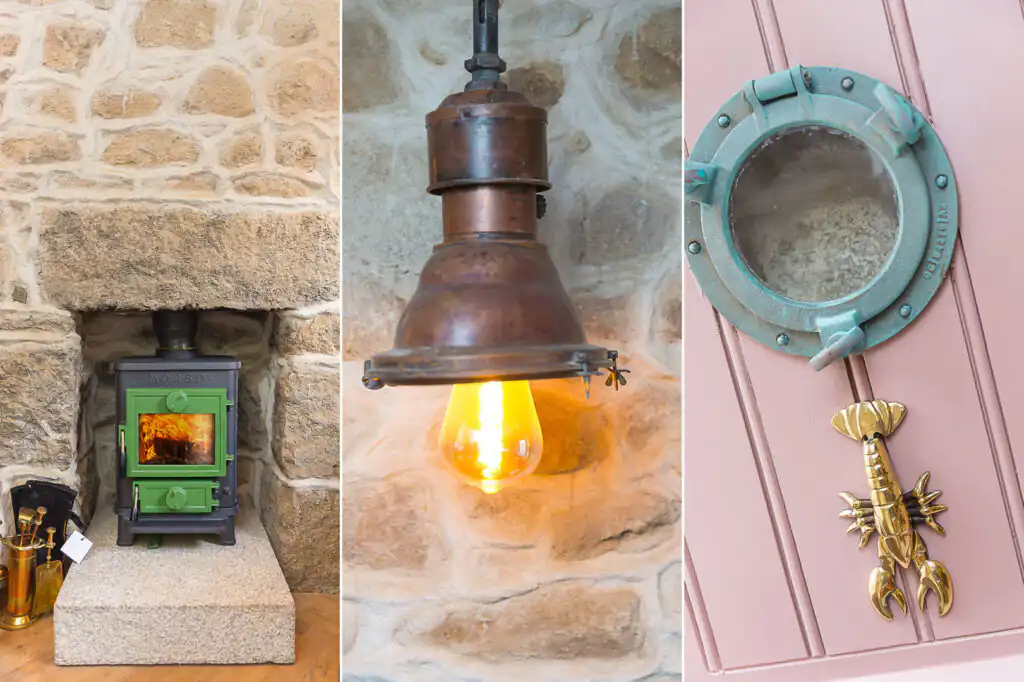 A fireplace, vintage lamp and a custom door at She Sells Sanctuary, a charming holiday cottage in St Ives, all great features for a holiday cottage.