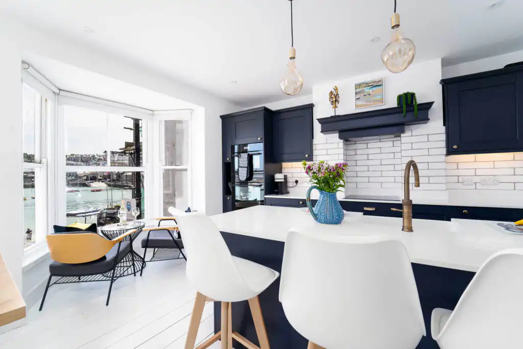 A pristine kitchen at St Ives House in St Ives, a great place to prepare your own meals instead of going to a place to eat out in Cornwall.