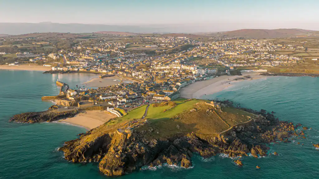 Stunning aerial perspective of St Ives , Cornwall, highlighting the scenic beauty during the St Ives September Festival.