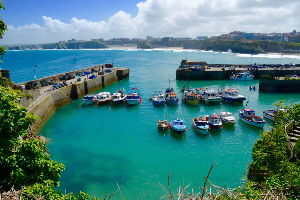 A tranquil body of water at Newquay Harbour, surrounded by scenic views of Cornwall's coastline, just a short stroll from one of Cornwall's most scenic rail journeys.