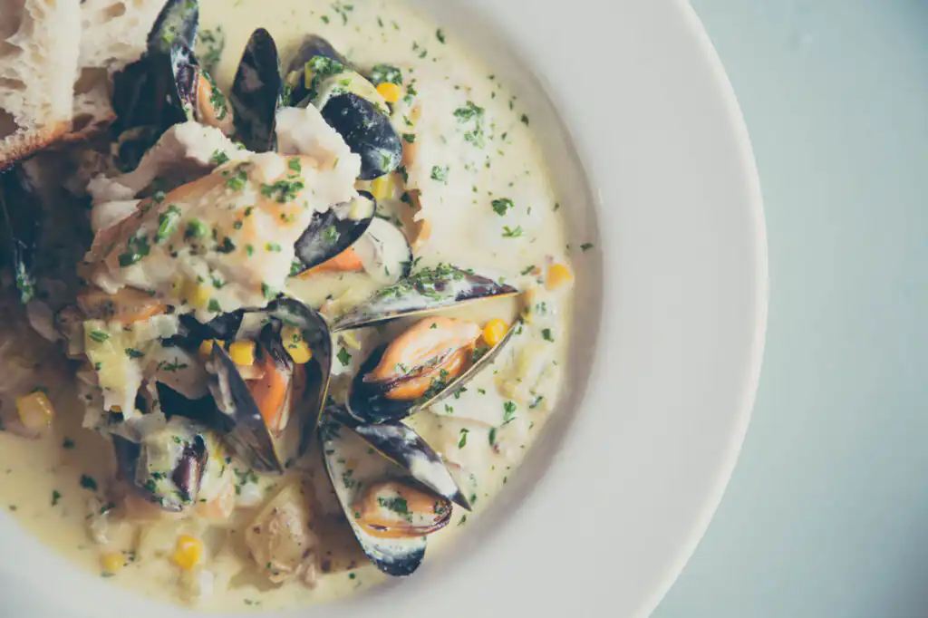 Mussels in a cream sauce at The Loft in St Ives, one of the best fine dining restaurants in St Ives.
