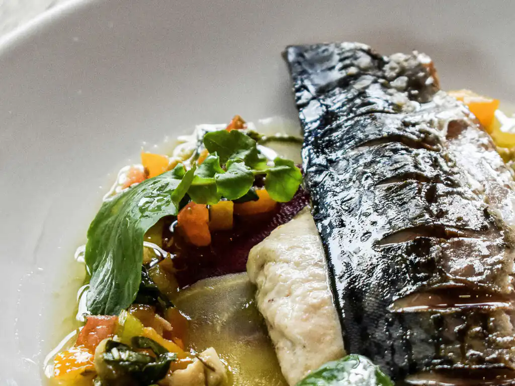 A plate of seafood featuring fish, colorful vegetables, and sauce, served at Mawgan Porth Restaurant.