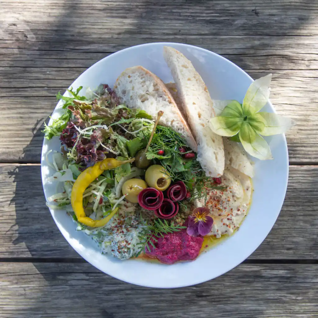 A white plate filled with colorful dishes from Potager Garden, showcasing the culinary delights of this hidden Cafe in Cornwall.