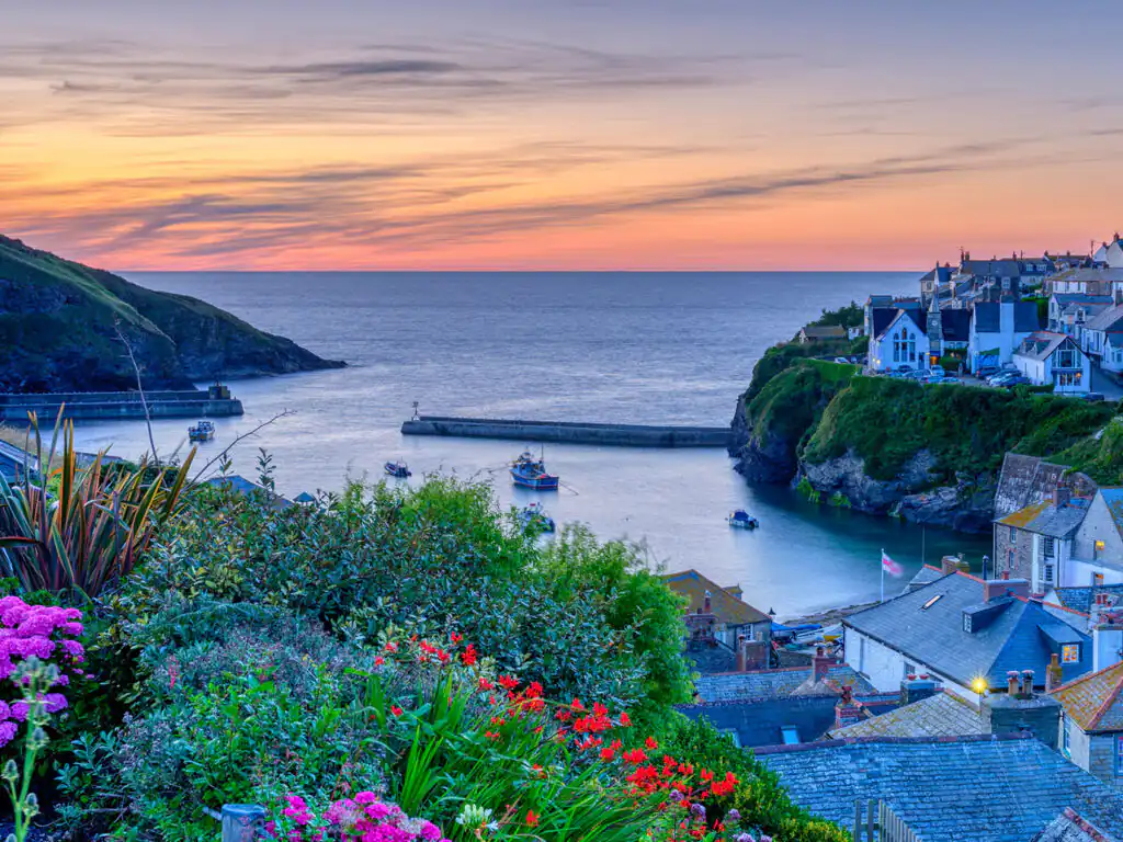 Sunset over Port Isaac, showcasing vibrant flowers in the foreground and the town's charming rooftops in the background, Port Isaac is a great place for food and drink.