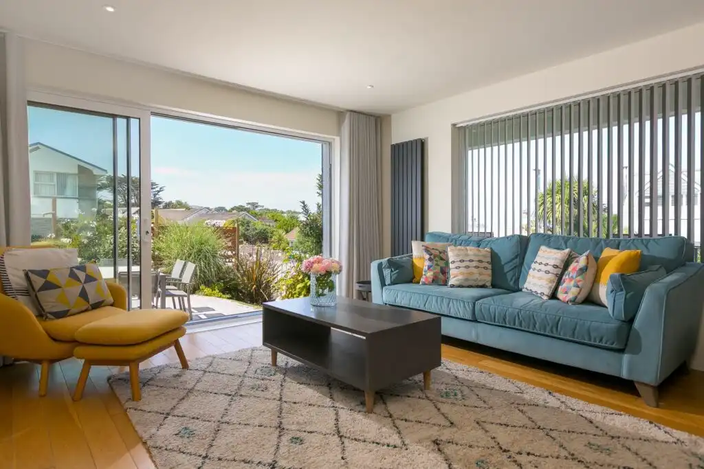 The living area at Secret Beach, a great property for planning your holiday in Carbis Bay around.