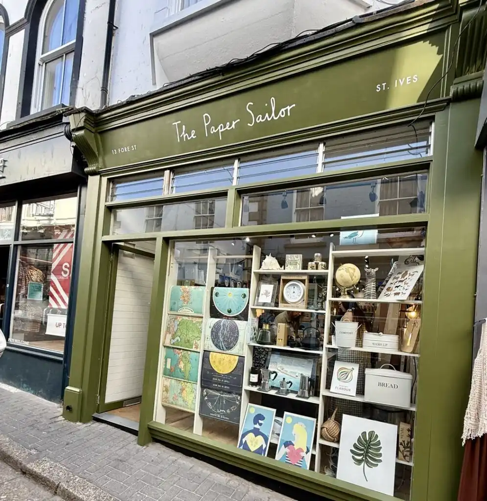 Charming storefront of The Paper Sailor in St Ives, showcasing unique paper goods and local crafts, a great independent shop in St Ives.